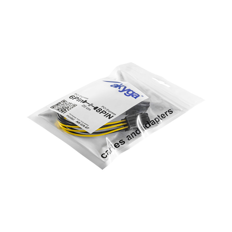 Akyga AK-CA-07 PCIe 6-pins (M) naar PCIe 8-pins (6+2) (F) stroomadapterkabel, 20 cm