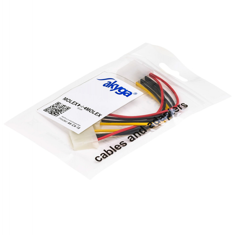 Akyga AK-CA-15 Molex (M) naar 2x Molex (F) stroomverdeelkabel, 15 cm