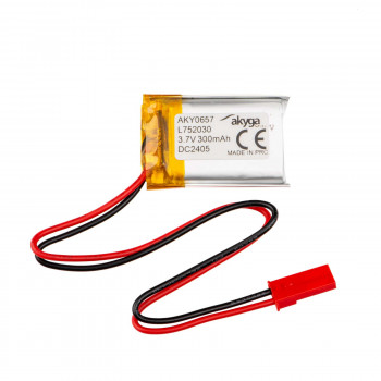 Akyga AKY0657 LP752030 Li-Po-accu 3,7 V 300 mAh met PCM, JST 2,54 mm 2-pin stekker, 150 mm kabel
