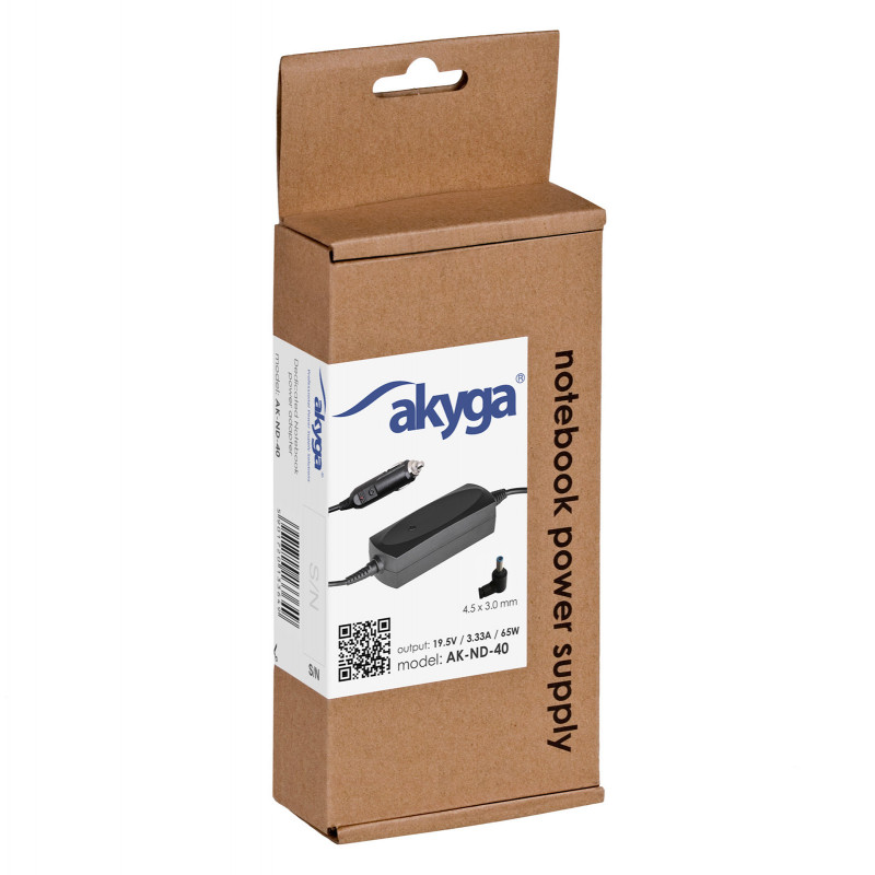 Akyga AK-ND-40 auto-notebookvoeding 19,5 V / 3,33 A, 65 W, 4,5 x 3,0 mm + pin, voor HP