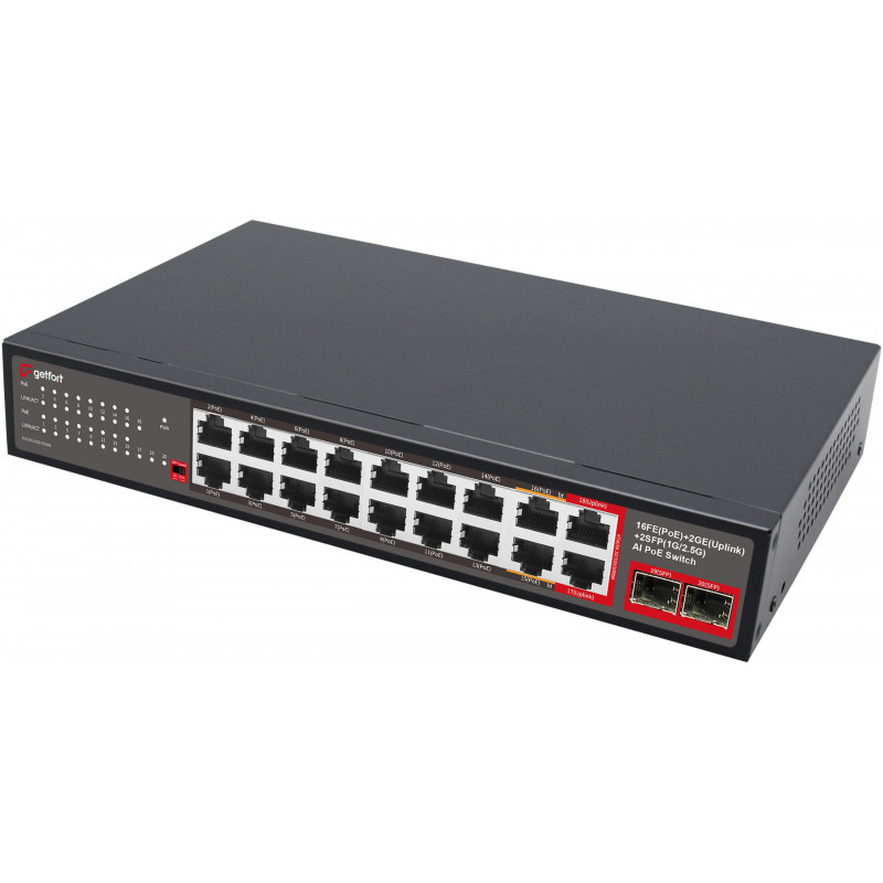 Getfort GF-120G-16P-240 PoE-switch, 16 x 10/100 PoE + 2 x GE + 2 x SFP, 240 W