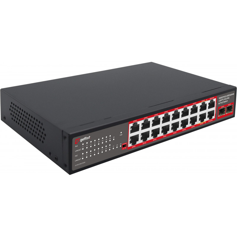 Getfort GF-220G-16P-240 PoE-switch, 16 x GE PoE + 2 x GE + 2 x SFP, 240 W
