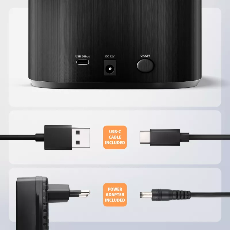 Axagon ADSA-SC dockingstation voor 2,5/3,5-inch SATA-schijven, USB-C 5 Gbps, met kloonfunctie