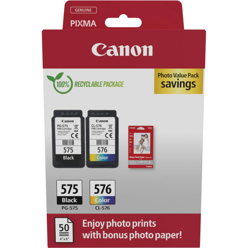 Canon PG-575/CL-576 Photo Value Pack, inktcartridges zwart + kleur (2 st.) met fotopapier