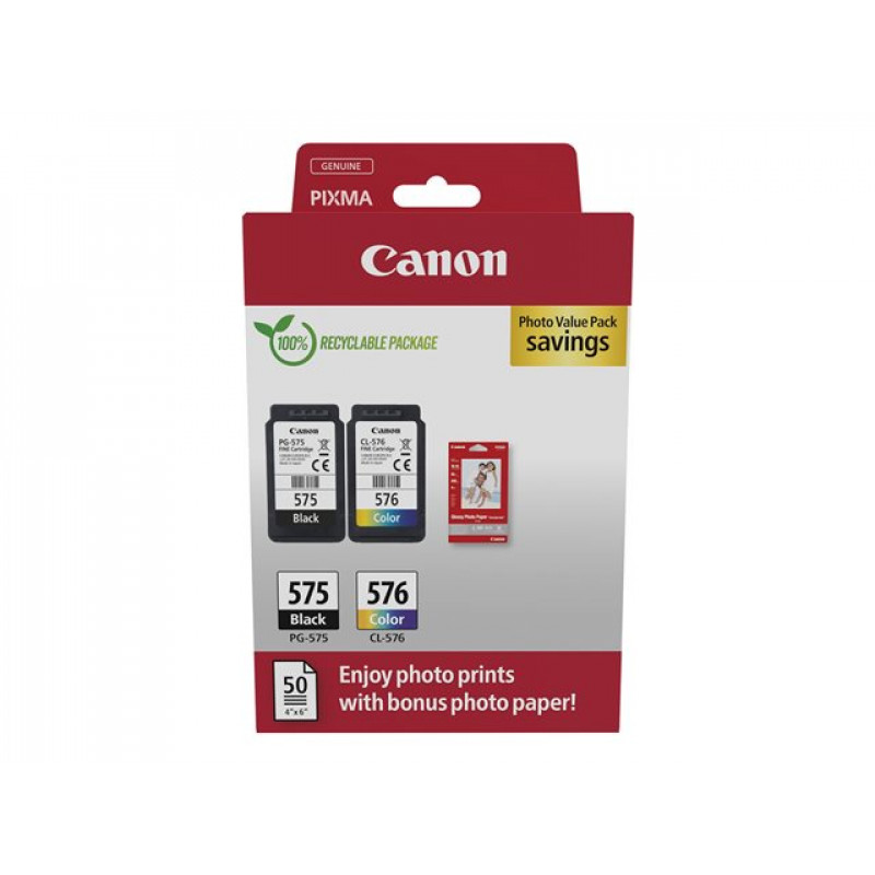Canon PG-575/CL-576 Photo Value Pack, inktcartridges zwart + kleur (2 st.) met fotopapier