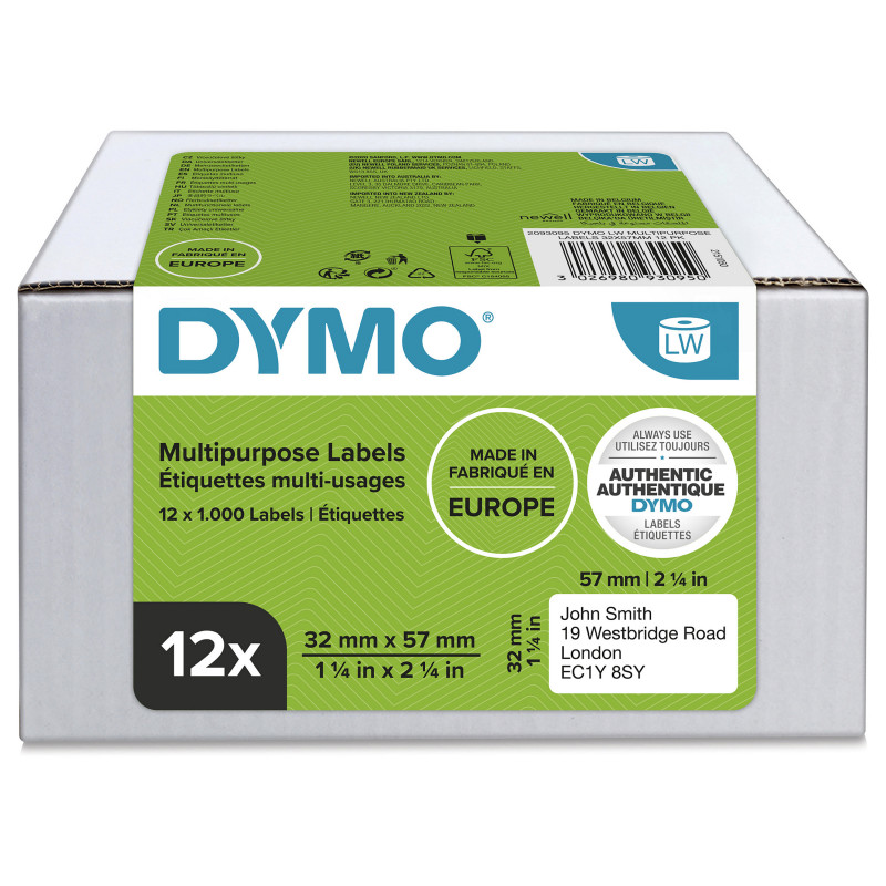 DYMO 2093095 LabelWriter multifunctionele etiketten, 32 x 57 mm, 12 rollen, wit