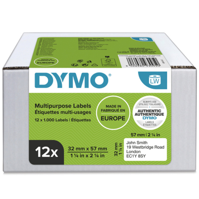 DYMO 2093095 LabelWriter multifunctionele etiketten, 32 x 57 mm, 12 rollen, wit