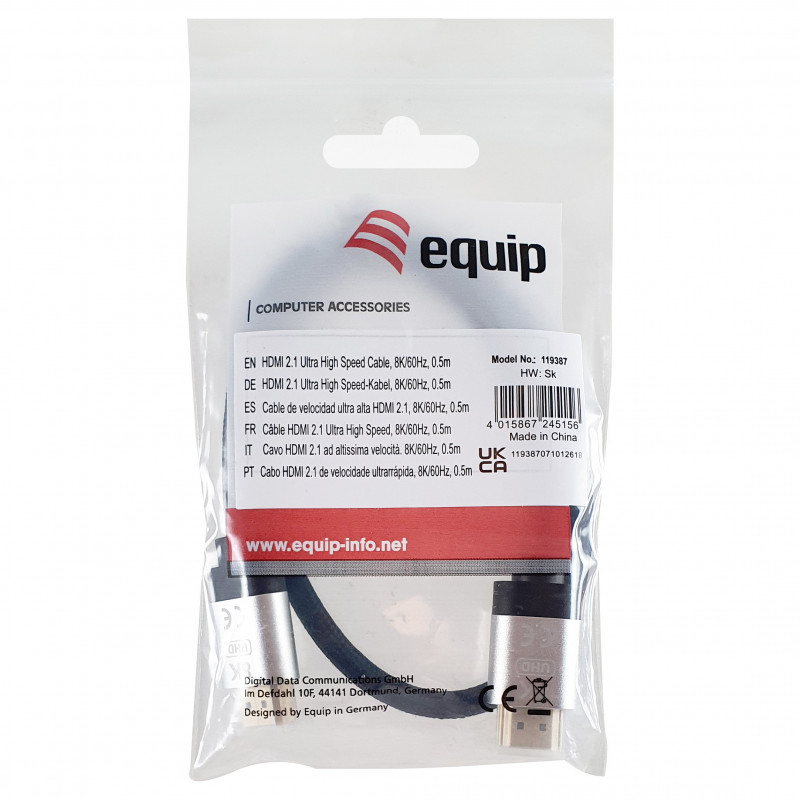 Equip 119387 HDMI 2.1 Ultra High Speed-kabel met Ethernet, 48 Gbps, 8K/60 Hz, zwart, 0,5 m
