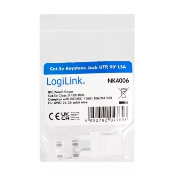 LogiLink NK4006 RJ45 keystone-module, Cat.5e UTP, 90° snijklemaansluiting, wit