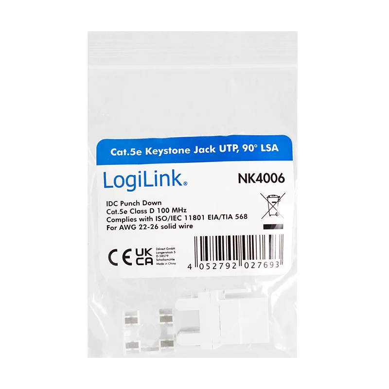 LogiLink NK4006 RJ45 keystone-module, Cat.5e UTP, 90° snijklemaansluiting, wit