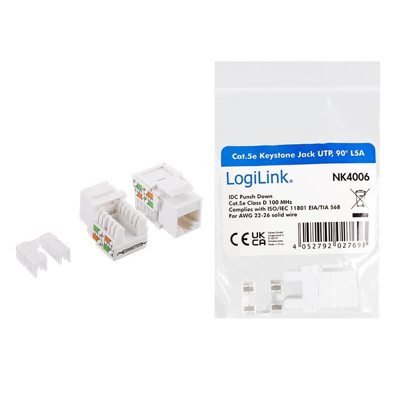 LogiLink NK4006 RJ45 keystone-module, Cat.5e UTP, 90° snijklemaansluiting, wit