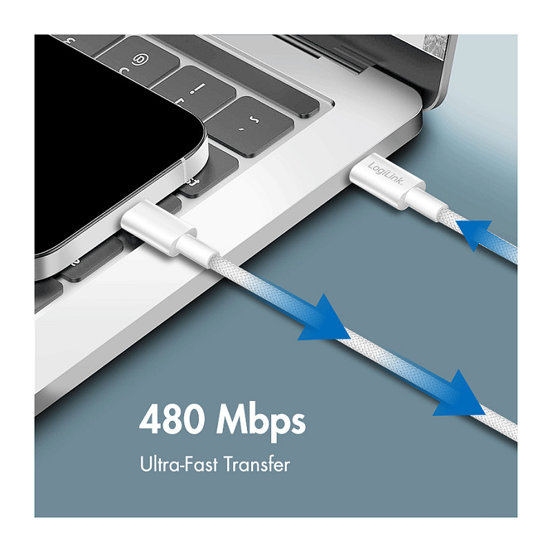LogiLink CU0341 USB 2.0 Type-C-kabel, C/M naar C/M, 480 Mbps, 60 W, nylon, wit, 1 m