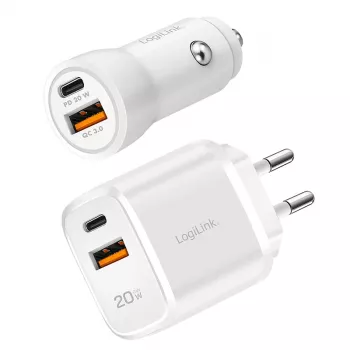 LogiLink PA0374 USB-A/C-oplaadset, 20 W, 1x USB-A en 1x USB-C, wit