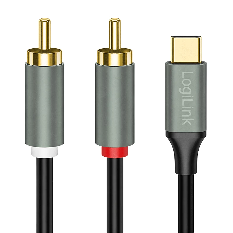 LogiLink CUA0140 USB 2.0 Type-C naar 2x RCA-kabel, stereo-audio, aluminium, zwart/zilver, 1 m