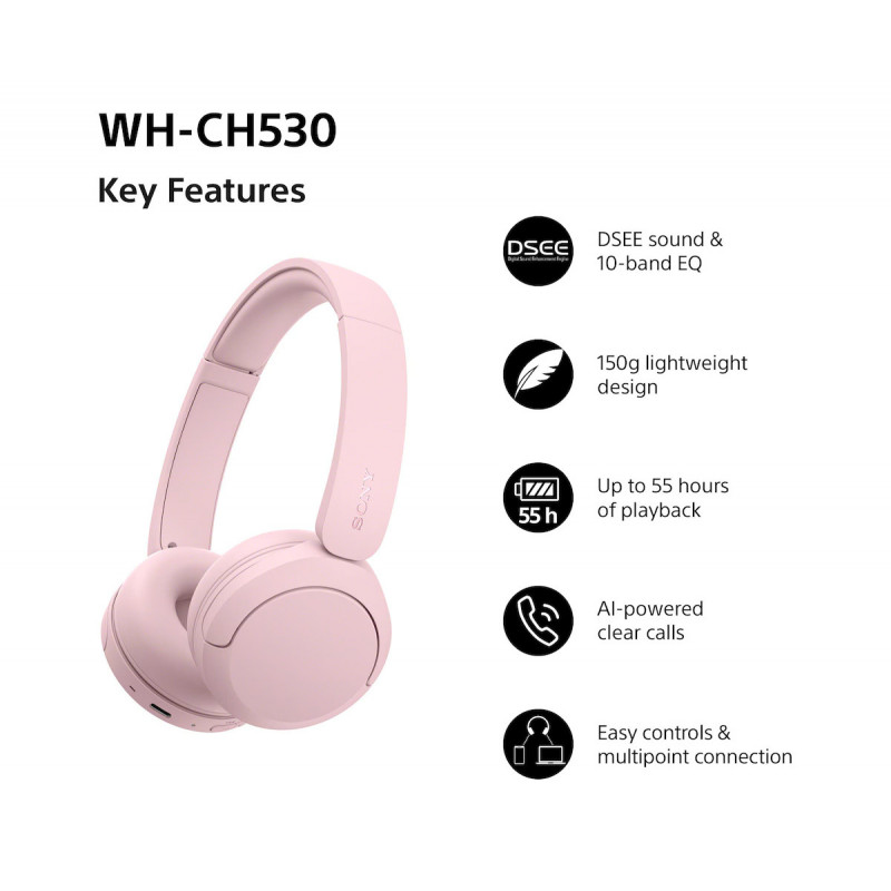 Sony WH-CH530 Bluetooth on-ear koptelefoon met microfoon, ruisreductie, roze