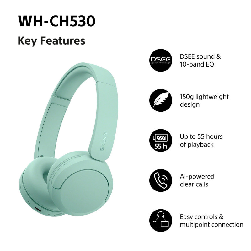 Sony WH-CH530 draadloze Bluetooth-koptelefoon, mintgroen