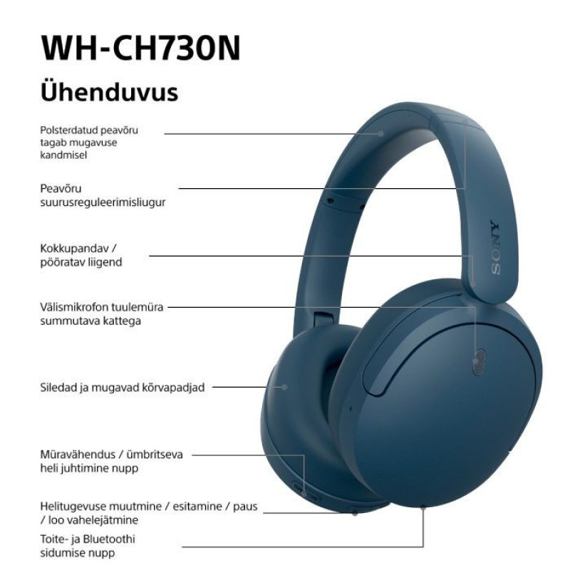 Sony WH-CH730N Bluetooth over-ear koptelefoon met microfoon, blauw