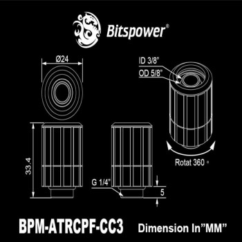 Bitspower Artemis BPM-ATRCPF-CC3-SL rechte draaibare fitting, G1/4 buitendraad naar 16/10 mm, zandgestraald zilver