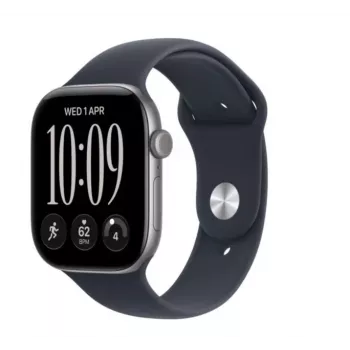 Apple Watch Series 12 smartwatch, GPS, 42 mm, spacegrijze aluminium kast, marineblauw Sport Band, S/M