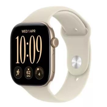 Apple Watch Series 12 GPS + Cellular smartwatch, 42 mm, lichtgouden aluminium behuizing, zandkleurige sportband S/M