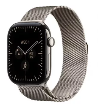 Apple Watch Series 12 smartwatch, GPS + Cellular, 42 mm, titanium kast in naturel, Milanees bandje in naturel