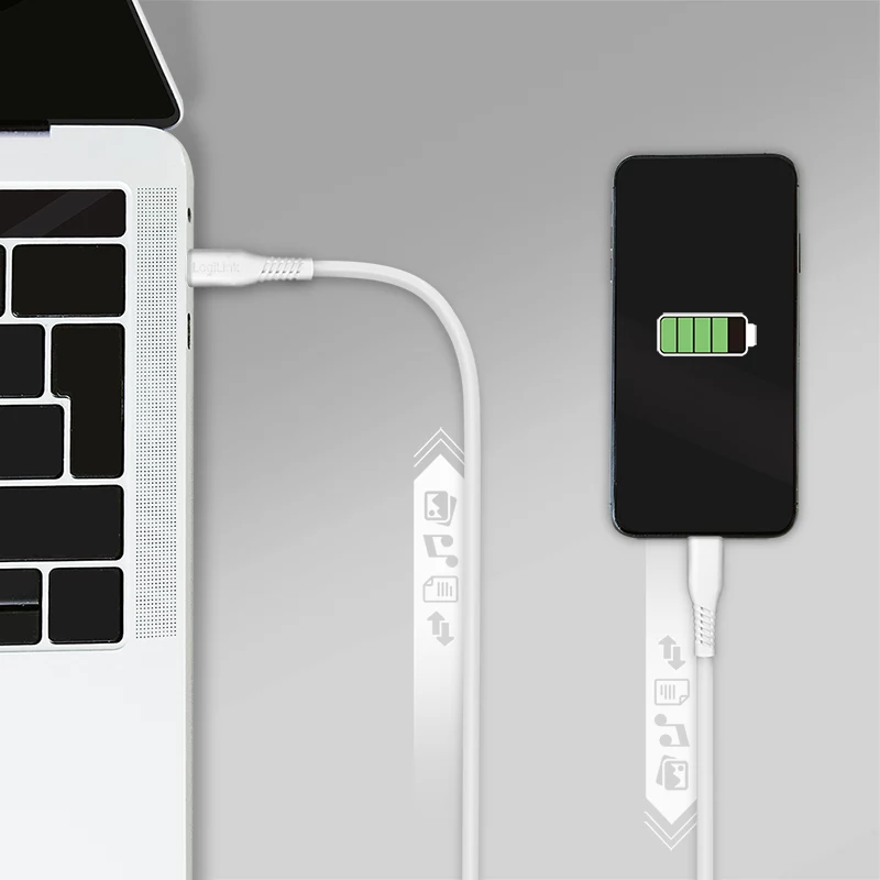 LogiLink CU0244 USB 2.0-kabel USB-C naar Micro-USB, 480 Mbps, 12 W, wit, 2 m