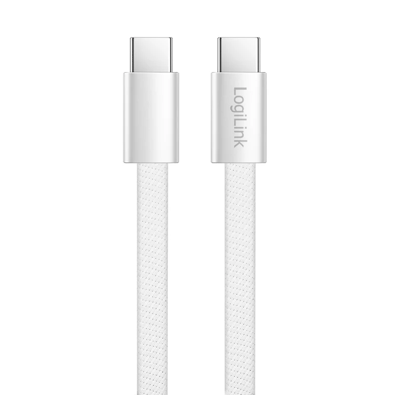 LogiLink CU0445 platte USB 2.0-kabel USB-C naar USB-C, gevlochten, 480 Mbps, 60 W, wit, 1 m
