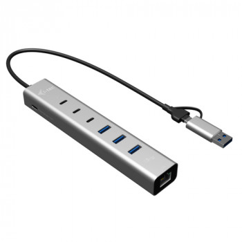 i-tec CAHUBMETAL6LANPD USB-C/USB-A metalen hub, 6 poorten, Gigabit LAN, Power Delivery 85 W, zilver