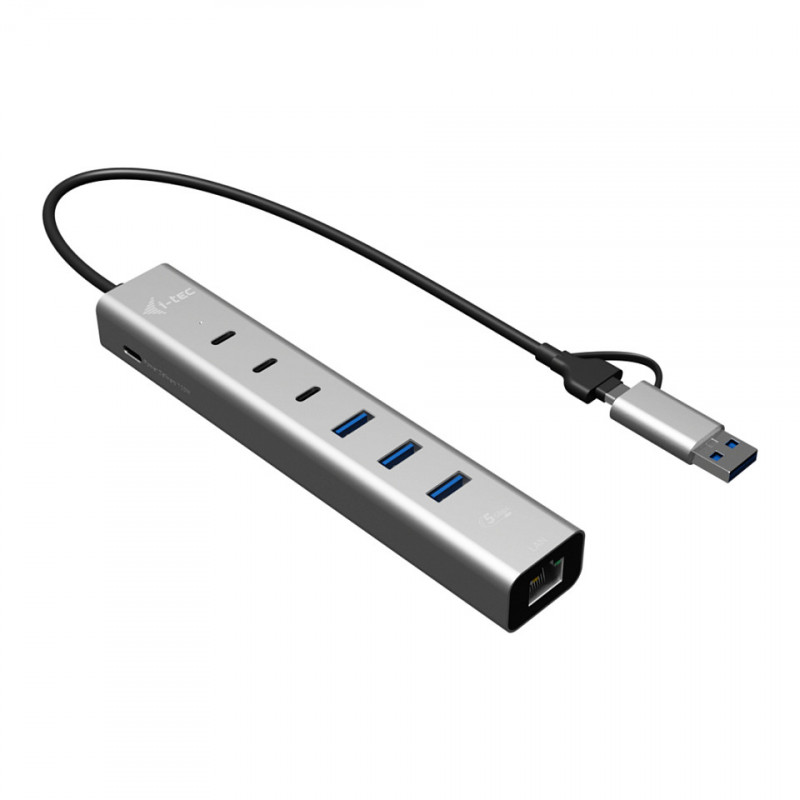 i-tec CAHUBMETAL6LANPD USB-C/USB-A metalen hub, 6 poorten, Gigabit LAN, Power Delivery 85 W, zilver
