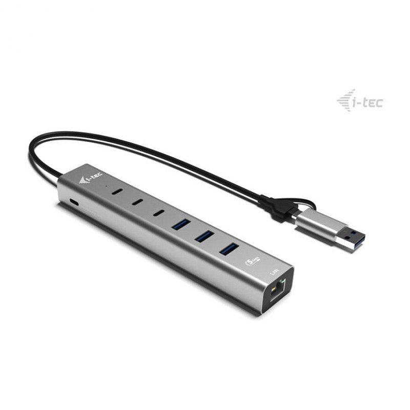 i-tec CAHUBMETAL6LANPD USB-C/USB-A metalen hub, 6 poorten, Gigabit LAN, Power Delivery 85 W, zilver