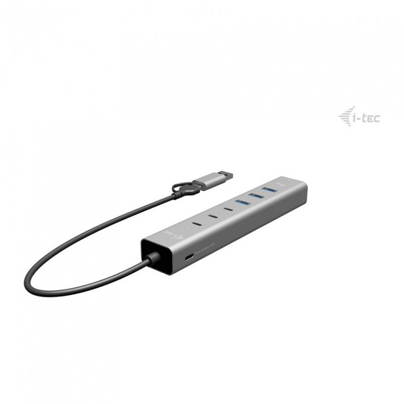i-tec CAHUBMETAL6LANPD USB-C/USB-A metalen hub, 6 poorten, Gigabit LAN, Power Delivery 85 W, zilver