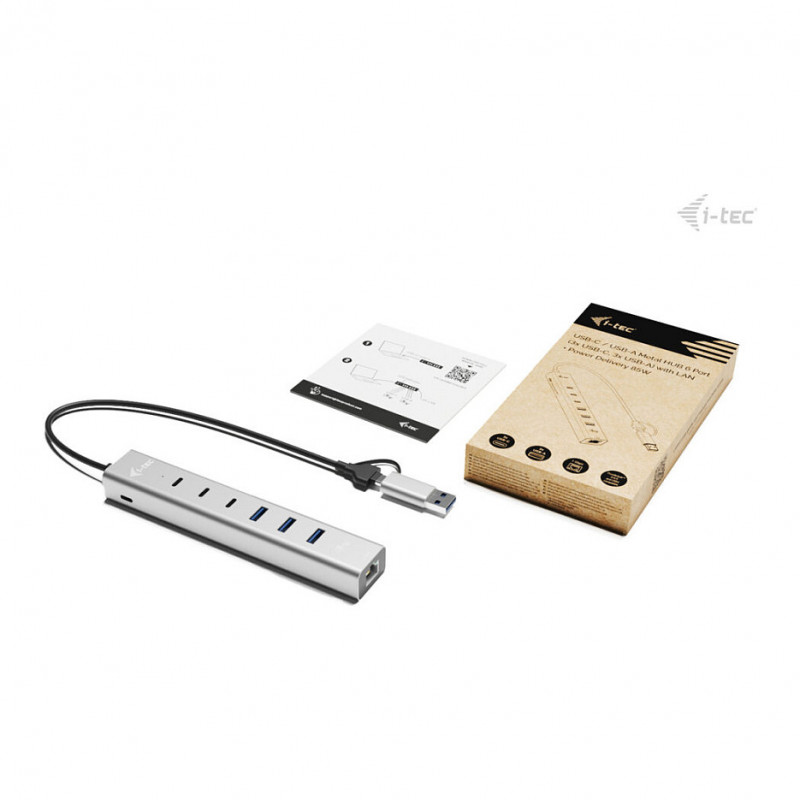 i-tec CAHUBMETAL6LANPD USB-C/USB-A metalen hub, 6 poorten, Gigabit LAN, Power Delivery 85 W, zilver