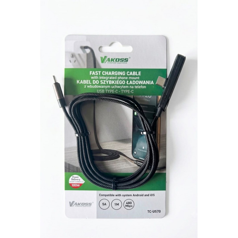 Vakoss TC-U570 USB-C-naar-USB-C-kabel met standfunctie, 100 W, 1 m, zwart