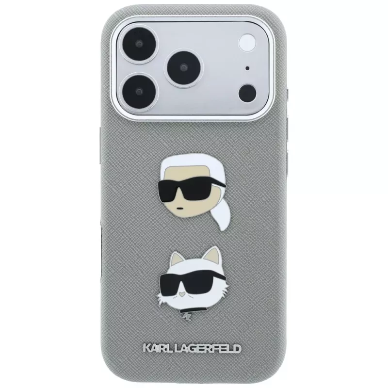 Karl Lagerfeld KF003253 hoesje Saffiano met Karl & Choupette Heads Pins en logo voor iPhone 18 Pro / 17 Pro, grijs