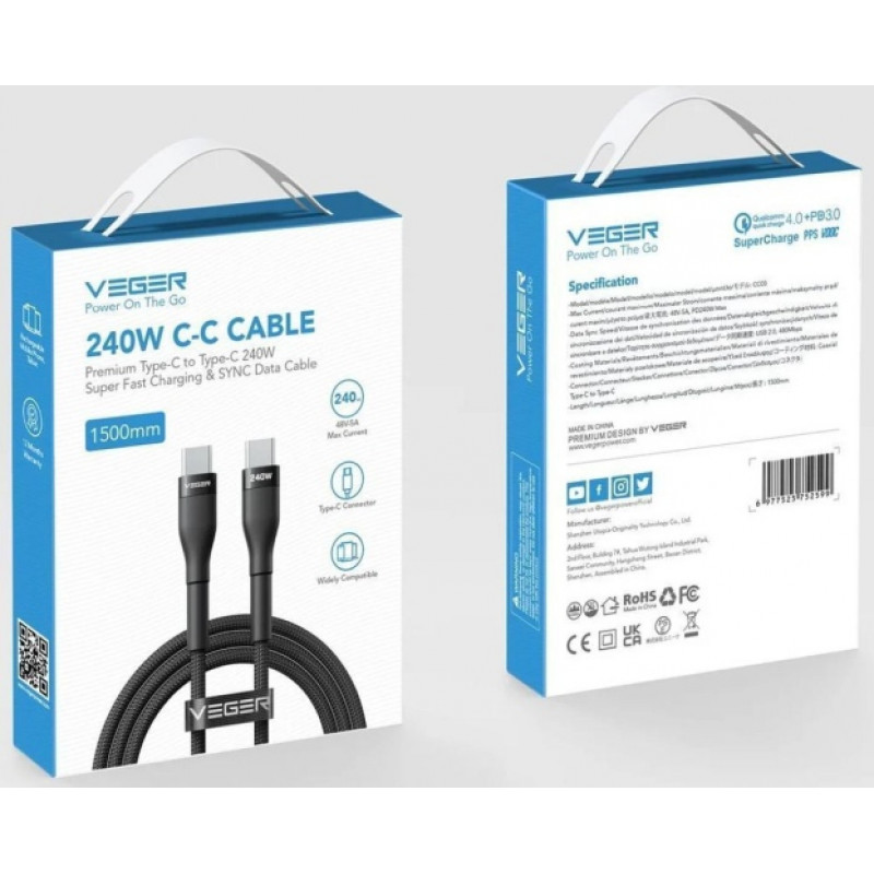 Veger CC03 USB-C-naar-USB-C-kabel, PD 48 V 5 A 240 W, 1,5 m, zwart