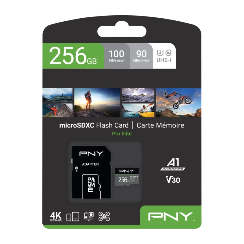 PNY PRO Elite P-SDU256V31100PRO-GE microSDXC-geheugenkaart, 256 GB, UHS-I U3, A1, V30, met SD-adapter