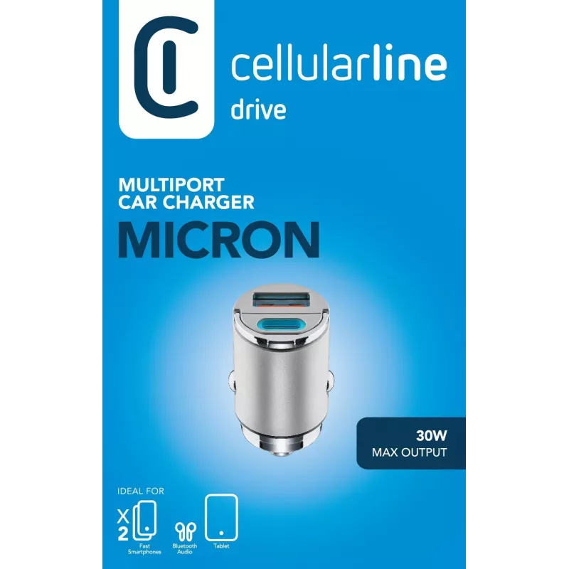 Cellularline Micron 30 W autolader, multiport USB-C/USB-A