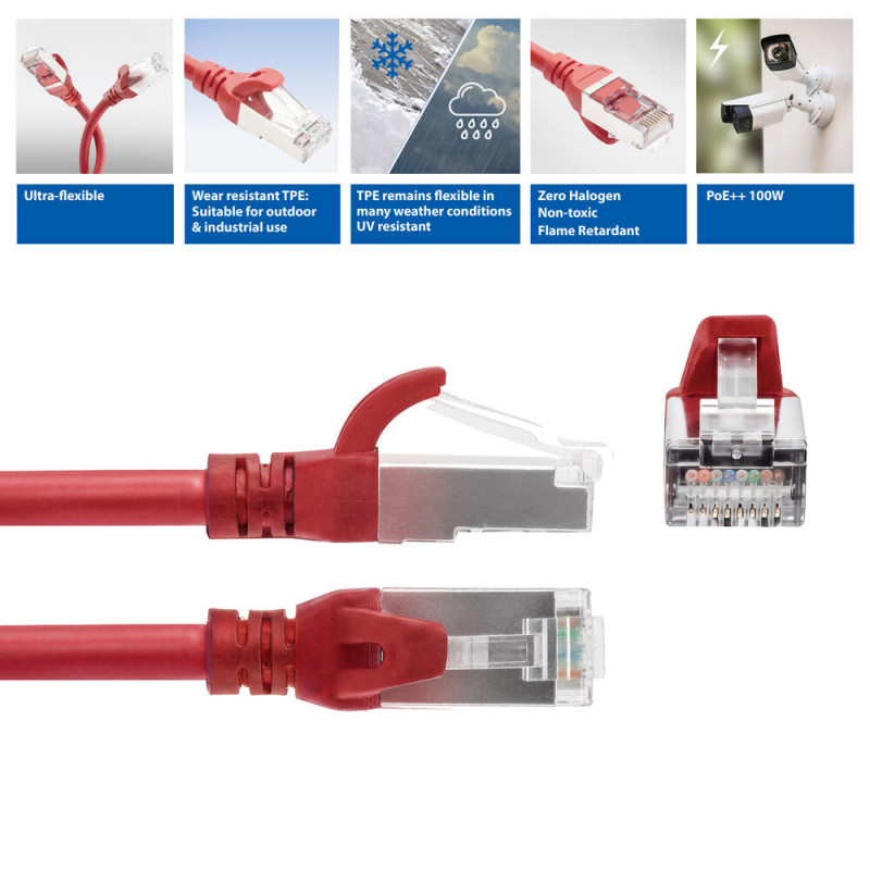 ACT FC2552 ultraflexibele CAT6A S/FTP patchkabel, 0,25 m, TPE, RJ45, snagless, rood
