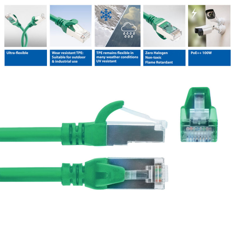 ACT FC2701 S/FTP CAT6A patchkabel, 1 m, TPE, ultraflexibel, met beschermkap tegen haken, groen
