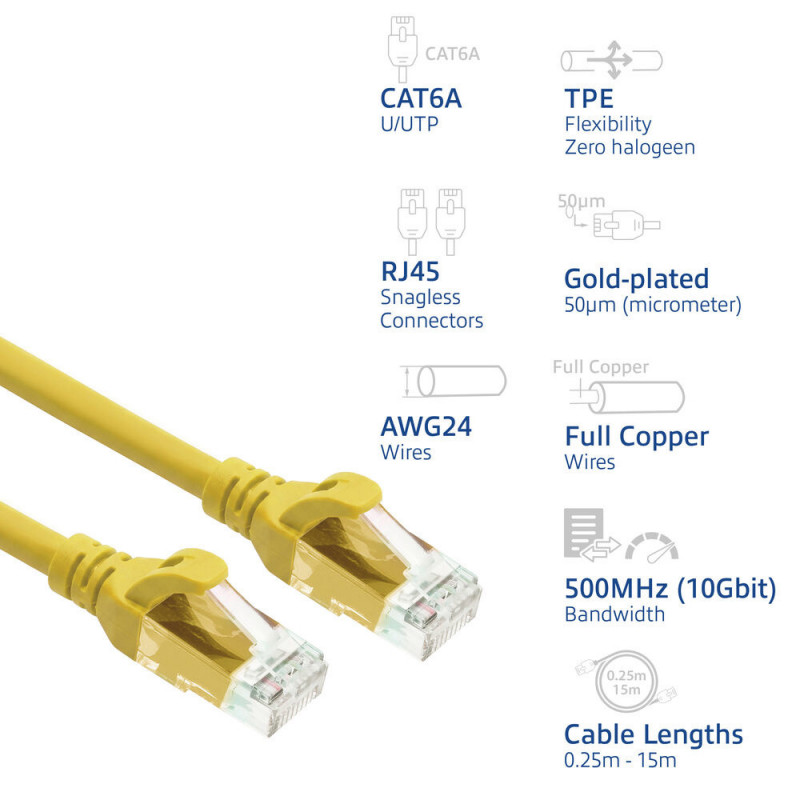 ACT FC1807 U/UTP CAT6A TPE ultraflexibele patchkabel met RJ45-connectoren, 7 m, geel