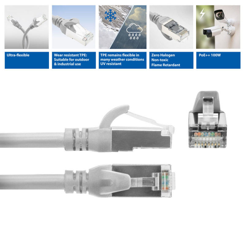 ACT FC2001 CAT6A S/FTP ultraflexibele patchkabel, 1 m, TPE, RJ45 met haakbescherming, grijs
