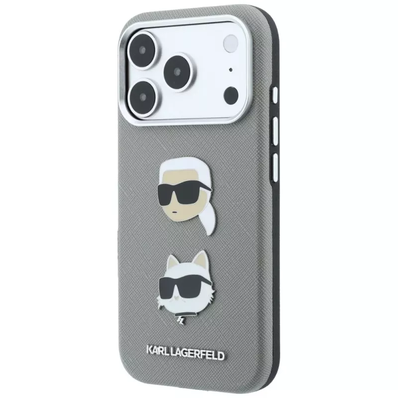 Karl Lagerfeld Saffiano hoesje met Karl & Choupette Heads Pins & Logo voor iPhone 18 Pro Max / 17 Pro Max, grijs