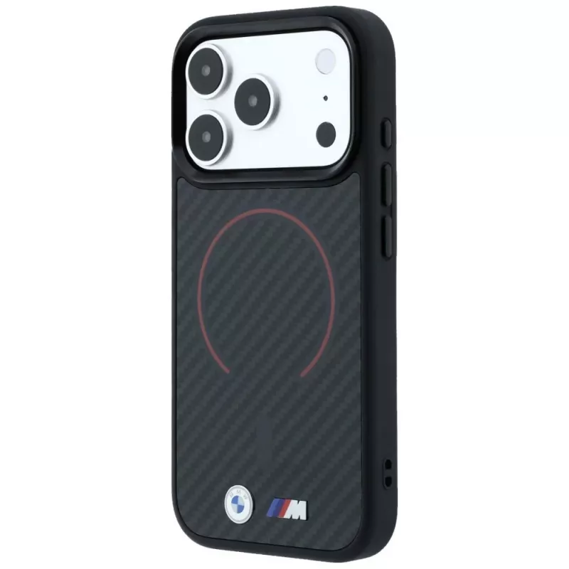 BMW BMW001265 M Kevlar Red Print Ring Metal Logo MagSafe-hoesje voor iPhone 18 Pro / 17 Pro, zwart