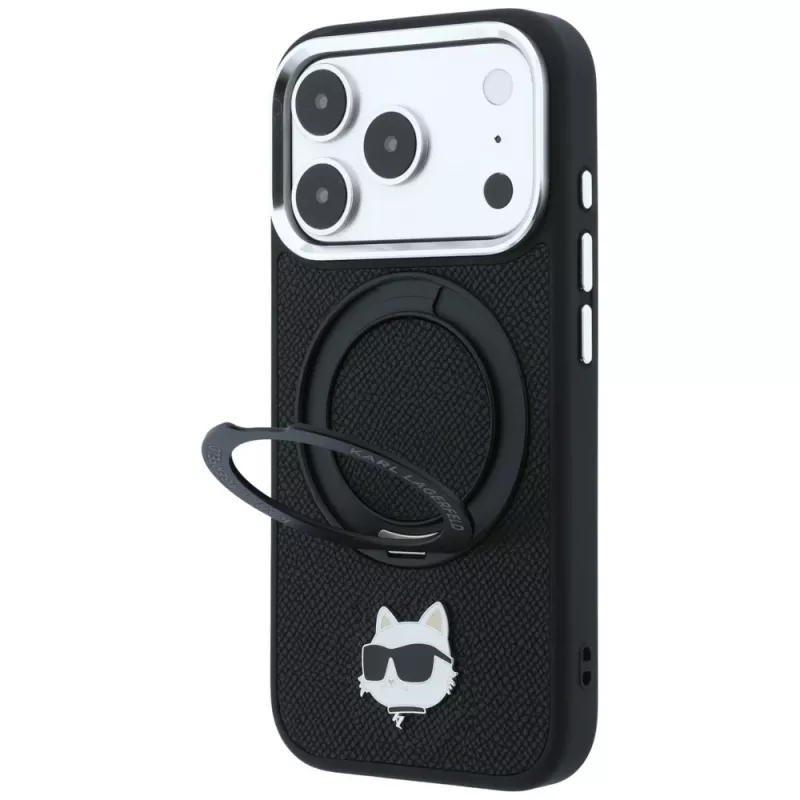 Karl Lagerfeld KF003216 Ring Stand 360 Choupette Head Pin MagSafe hoesje voor iPhone 18 Pro Max / 17 Pro Max, zwart