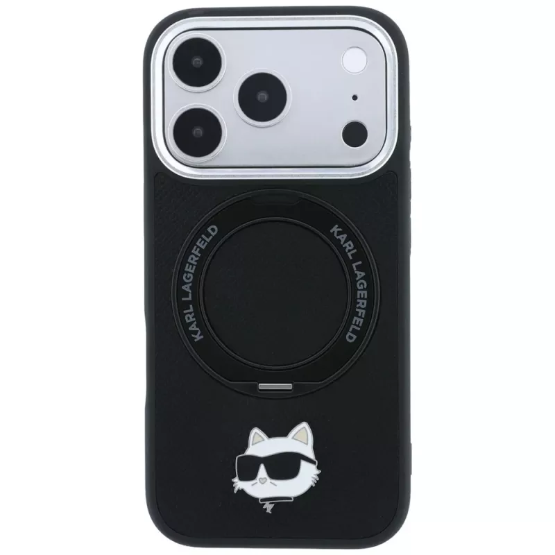 Karl Lagerfeld KF003216 Ring Stand 360 Choupette Head Pin MagSafe hoesje voor iPhone 18 Pro Max / 17 Pro Max, zwart