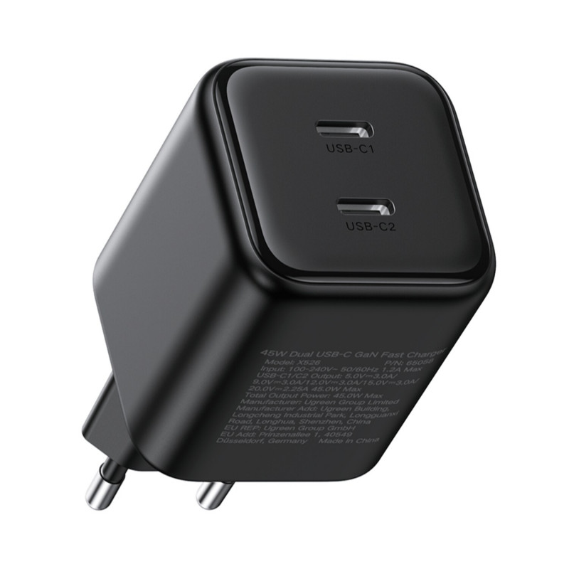 Ugreen X526 oplader 45 W, 2 x USB-C, GaN, zwart