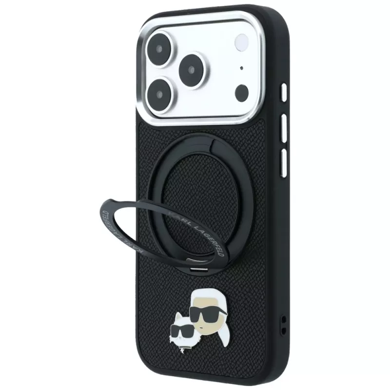 Karl Lagerfeld Ring Stand 360 Karl & Choupette Heads Pin hoesje met MagSafe voor iPhone 18 Pro / 17 Pro, zwart