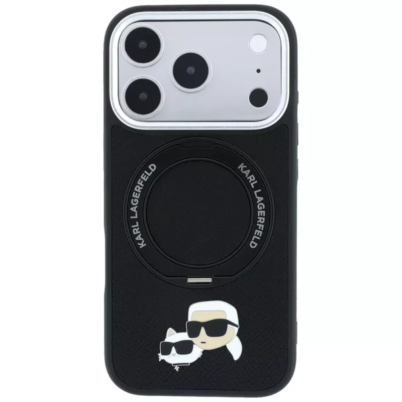 Karl Lagerfeld Ring Stand 360 Karl & Choupette Heads Pin hoesje met MagSafe voor iPhone 18 Pro / 17 Pro, zwart