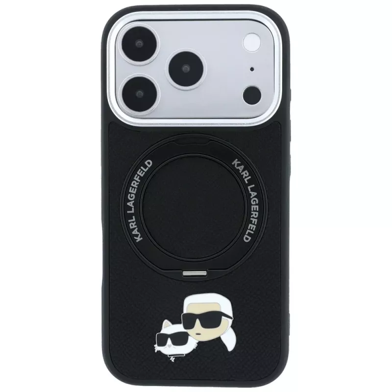 Karl Lagerfeld Ring Stand 360 Karl & Choupette Heads Pin MagSafe hoesje voor iPhone 18 Pro Max / 17 Pro Max, zwart