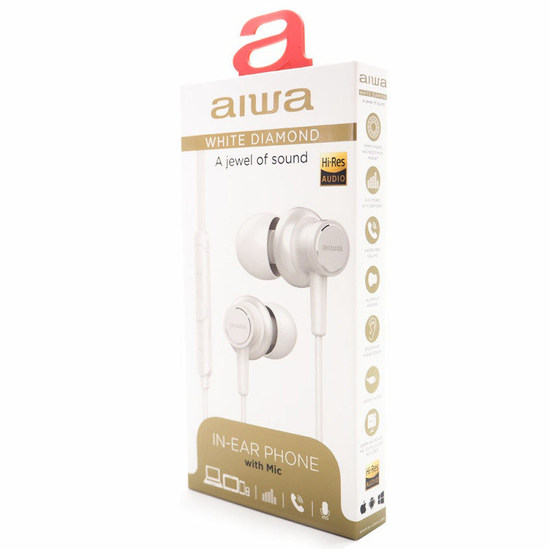 Aiwa ESTM-500W bedrade in-ear oordopjes met microfoon, 3,5 mm aansluiting, wit